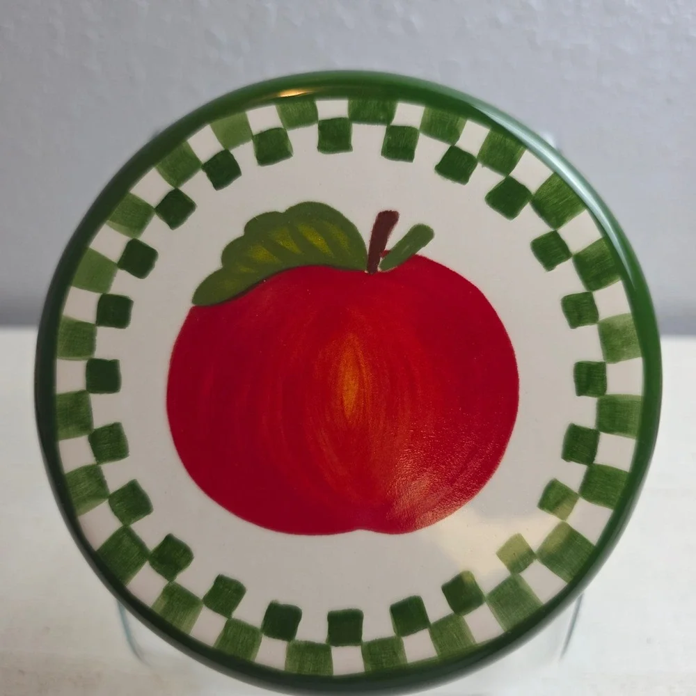 Vintage Glass Slant Cookie Jar‎ Hand Painted Apple Checkered Lid Airtight Seal